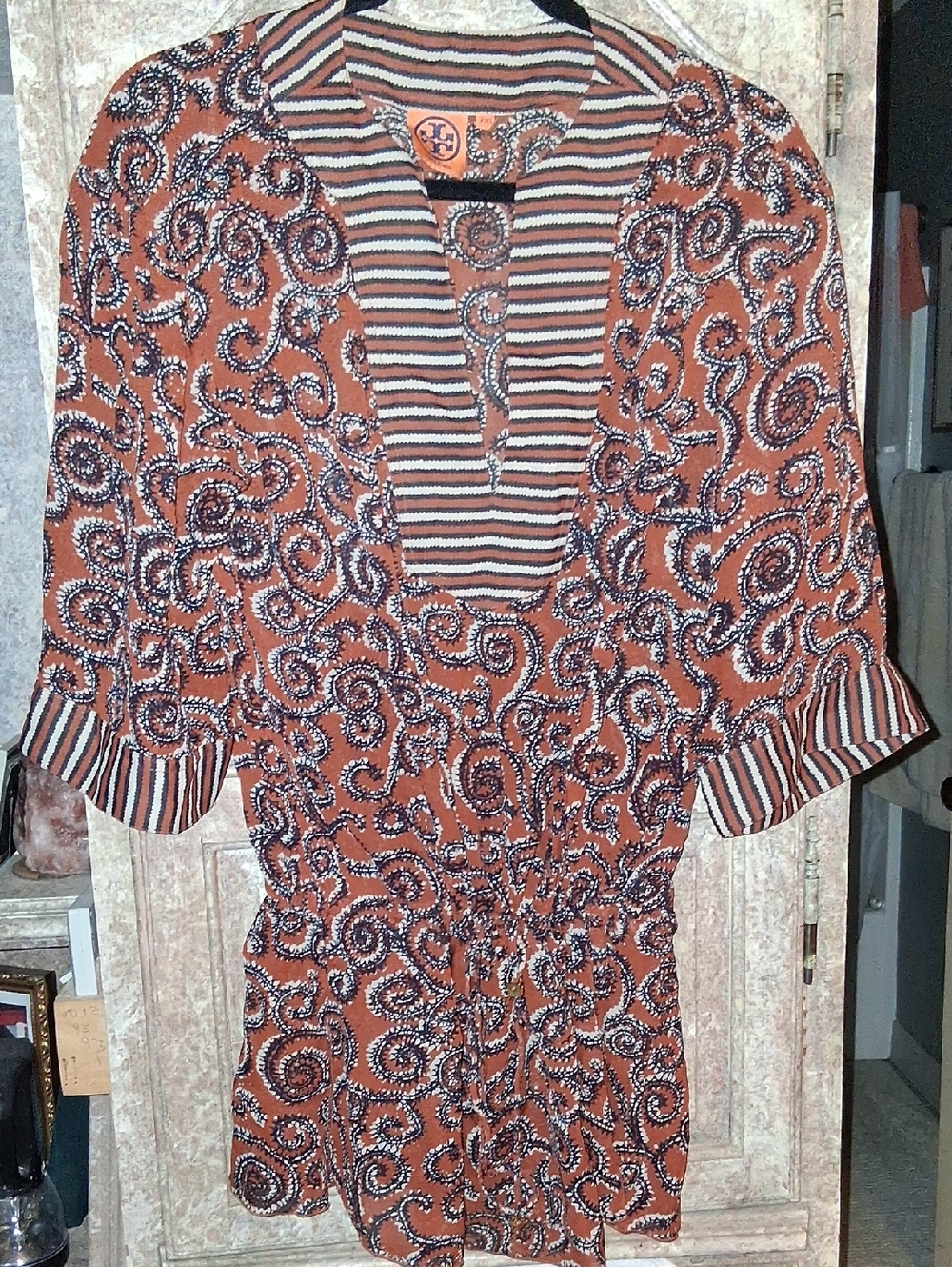 TORY BURCH 100% SILK Rust Paisley Drawstring Tunic with Striped Trim